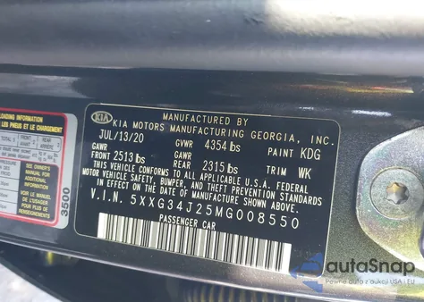 2021 Kia K5 Ex z USA, uszkodzony, nr VIN 5XXG34J25MG008550